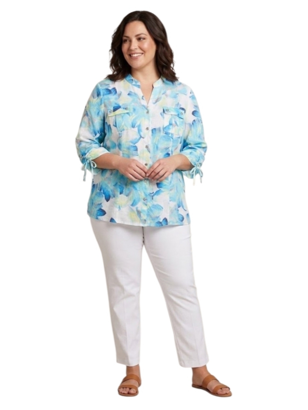 JM Collection Linen Floral Button-Down Ruched Sleeve Top Size 16 Petite